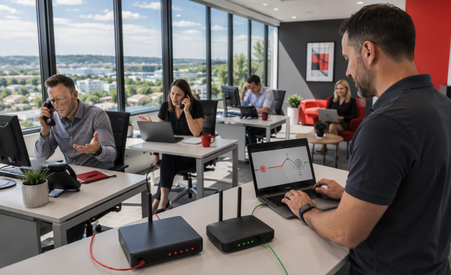 Office staff affected by a carrier outage while a technology adviser monitors separate primary and backup connections