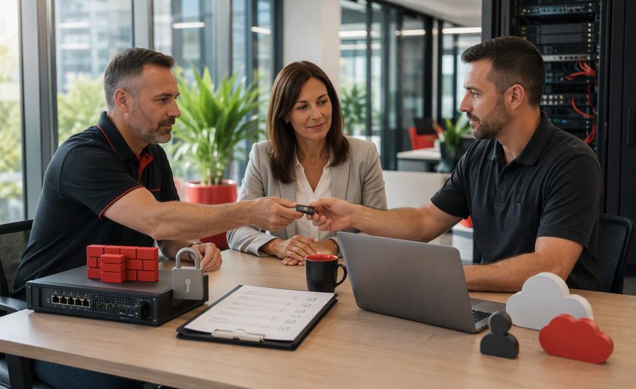 Incoming and outgoing technology specialists transferring access and responsibility with a business manager