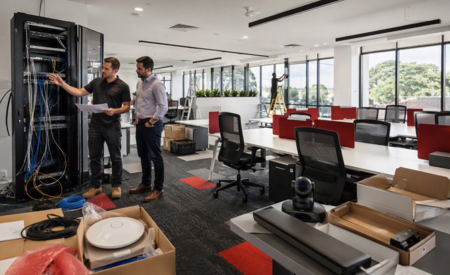 Technology adviser inspecting unfinished cabling and equipment in a bright new office fitout