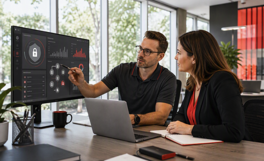 Business owner and technology adviser reviewing website administration, access and backup monitoring